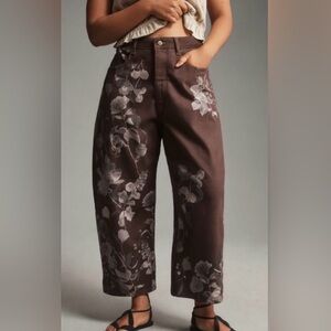 Pilcro Brown Wide-Leg Floral Print Barrel Jeans